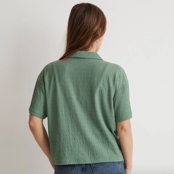 Madewell Green Crinkle-Knit Short Sleeve Button-Front Top - Picture 3 of 12